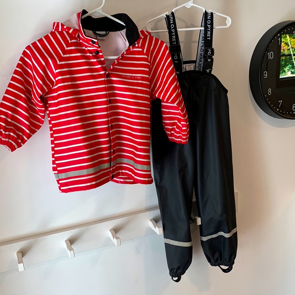 Polarn O. Pyret Waterproof suspender pants & Signature rainjacket 2-4yrs 98/104